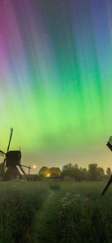 Aurora Borealis, Countryside, Northern Lights, Windmill, Colorful Sky