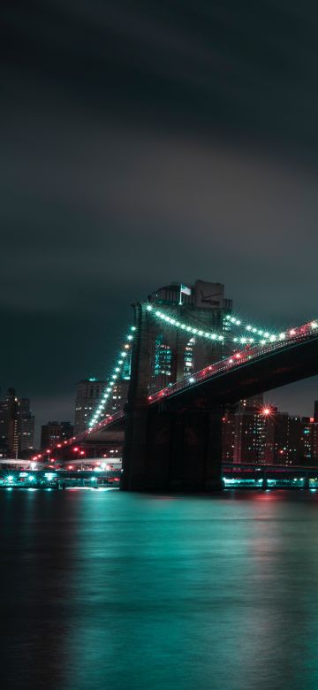 Brooklyn Bridge, 8K, Manhattan, City lights, Night, Cityscape, River, New York City, 5K