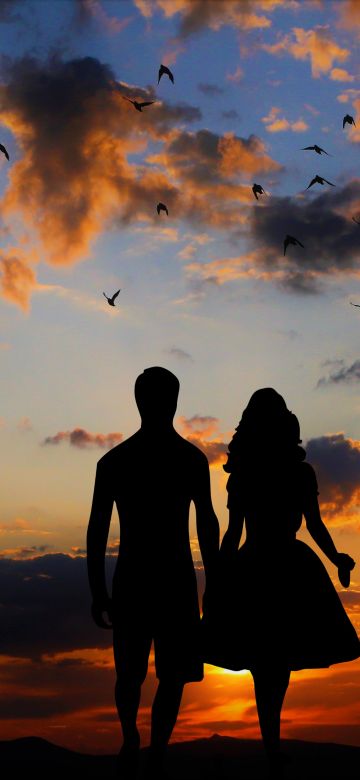 Evening, Couple, Silhouette, Sunset, Together, Dawn, Clouds