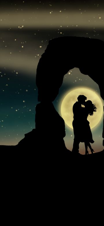 Kissing couple, 5K, Couple, Lovers, Romantic, Silhouette, Moon