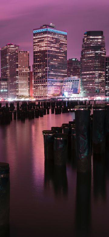 New York City, Downtown, Brooklyn Bridge Park, River, Night, Cityscape, City lights, Pink sky, 5K, 8K