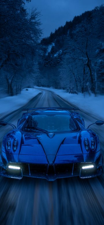 Pagani Huayra Roadster, Snow covered, Road, Winter Road, Winter forest, 5K, 8K, Cold night