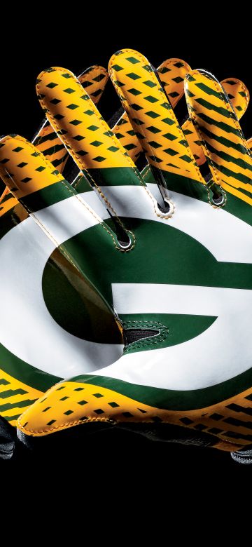 Green Bay Packers, Gloves, Black background, 8K, NFL team, 5K, American football team