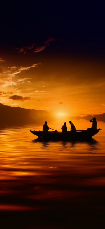 Sunset, Boat, Silhouette, Dusk, 5K, 8K