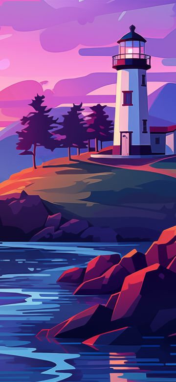 Vibrant, Landscape, Sunrise, Aesthetic, Colorful, Pink sky, Lighthouse, Sunset, Illustration, 5K