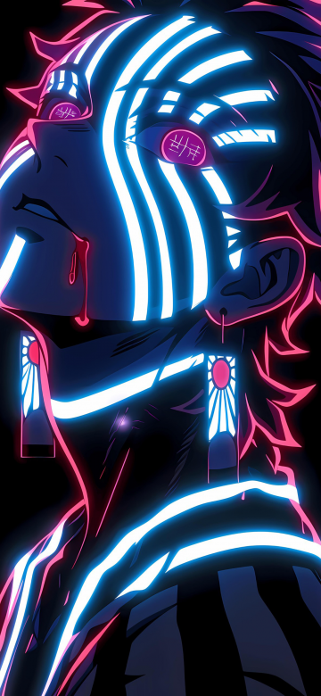 Neon, Akaza, Demon Slayer: Kimetsu no Yaiba, Black background, 5K, AMOLED, Neon glow