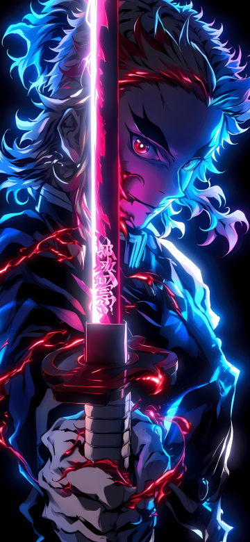 Kyojuro Rengoku, Neon glow, AMOLED, Demon Slayer: Kimetsu no Yaiba, Black background, 5K, Katana