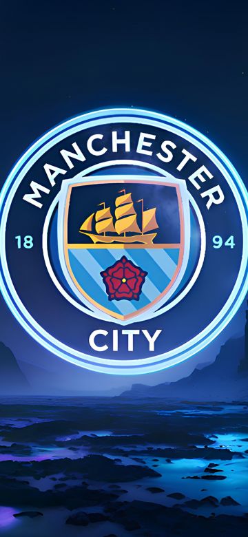 Manchester City FC, Neon logo, Premier League club, Glowing, Blue, 5K, 8K