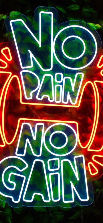 No pain No gain, Neon sign, Dark background, 5K, Glowing, Weight training, Gym