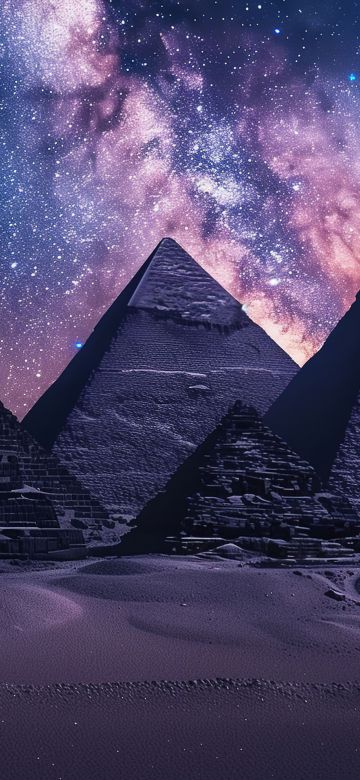 Egyptian Pyramids, Milky Way, Night sky, Seven Wonders of the Ancient World, AI art, The Great Pyramid of Giza, 5K