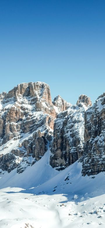 Dolomites, Clear sky, Mountain range, Sunny day, Winter, Snow covered, Mountains, Italy, 5K