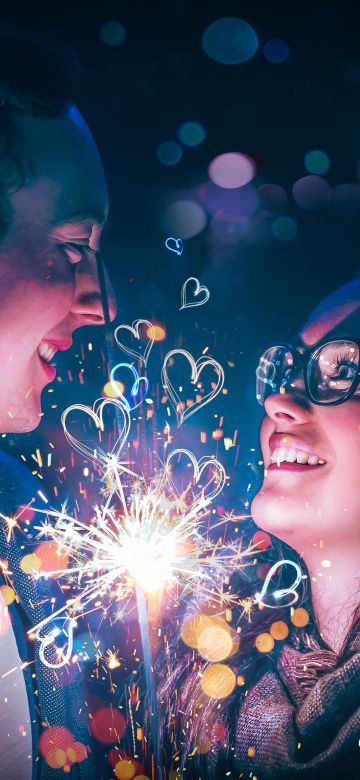 Couple, Sparklers, Lovers, Romantic, Love hearts, Night, Celebration, 5K