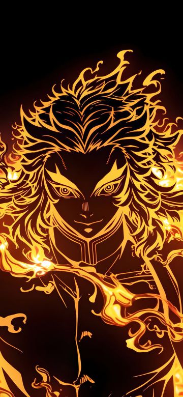 Kyojuro Rengoku, Fire effect, Demon Slayer: Kimetsu no Yaiba, Dark background, 5K