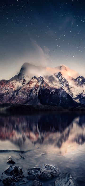 Mountains, Reflection, Starry sky, Cold, Lake, Dusk, Sunset, Tranquility, Foggy, 5K