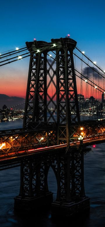 Williamsburg Bridge, Sunset, New York City, Suspension bridge, City lights, Night, Cityscape, USA