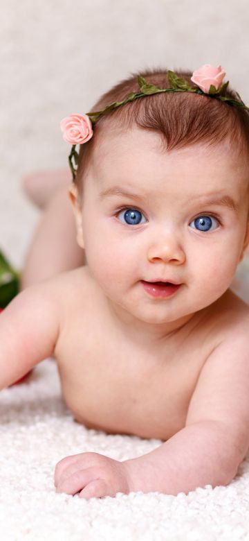 Cute Baby, Rose flowers, Adorable, Blue eyes, Cute baby girl, White, 5K