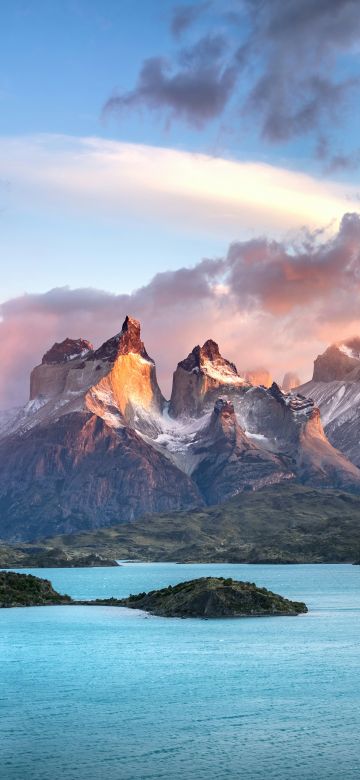 Torres del Paine National Park, Panorama, Mountains, Cloudy Sky, Sunny day, Ultrawide, 5K, 8K