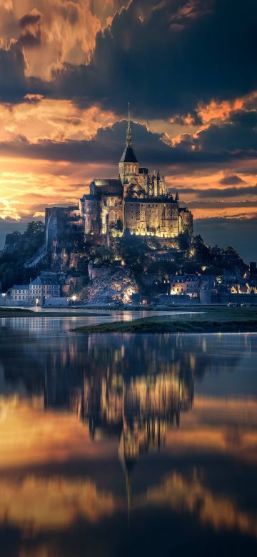 Mont Saint-Michel, Island, Ancient architecture, Reflection, Night, Sunset, Dawn, Evening sky, Normandy, France, 5K