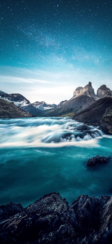 River, Water Stream, Scenic, Landscape, Mountains, Starry sky, Evening, Rocks, Aesthetic, 5K