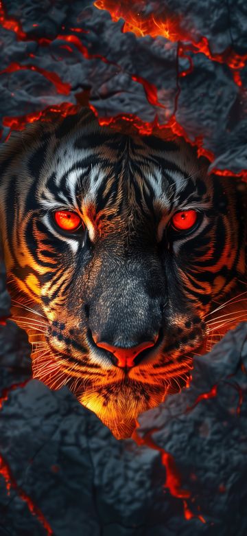 Fire, Tiger face, Lava, Closeup, Dark aesthetic, 5K