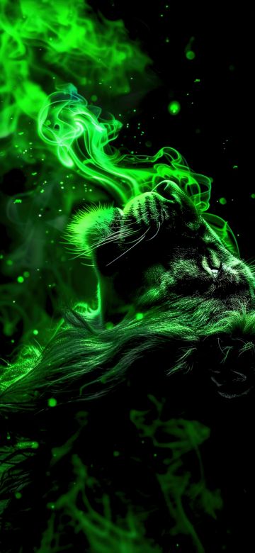 Lion, Green aesthetic, AMOLED, Smoke, 5K, Black background, Dark theme