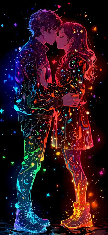 Kissing couple, Colorful art, AMOLED, Black background, 5K, Romantic kiss, Love couple