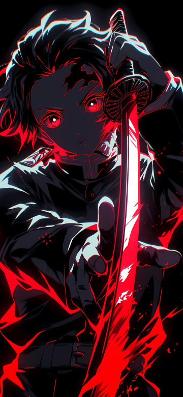 Tanjiro Kamado, AMOLED, Red aesthetic, 5K, Black background, Sword, Demon Slayer: Kimetsu no Yaiba