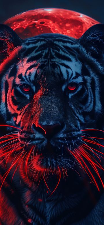 Tiger, Red aesthetic, Red moon, 5K, AI art, Closeup Photography