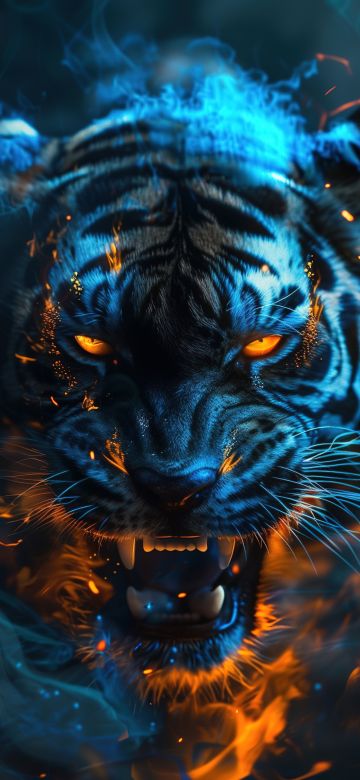 Roaring, Tiger, Flames, 5K, AI art, Dope