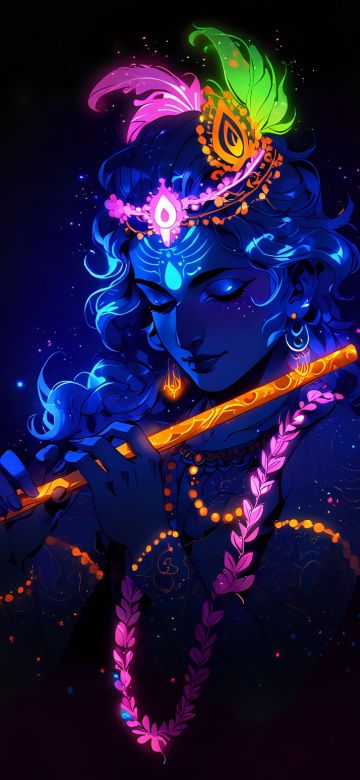 Lord Krishna, Glowing, Hinduism, AMOLED, 5K, Dark background, Hindu God, Dark aesthetic