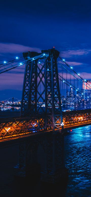 Williamsburg Bridge, Suspension bridge, New York City, City lights, Night, Cityscape, USA, 5K