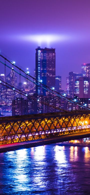 New York City, Purple aesthetic, Night, Cityscape, City lights, Suspension bridge, Buildings, USA