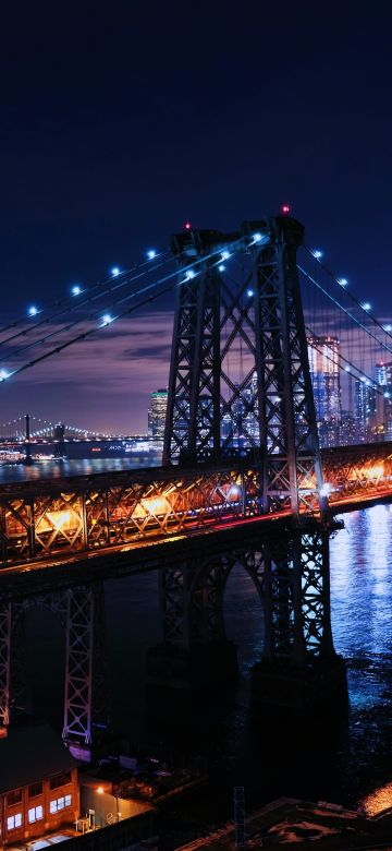 Williamsburg Bridge, New York City, Suspension bridge, City lights, Night, Cityscape, USA