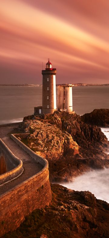 Lighthouse, Rocky cliff, Sunset, Seascape, Twilight, Dusk