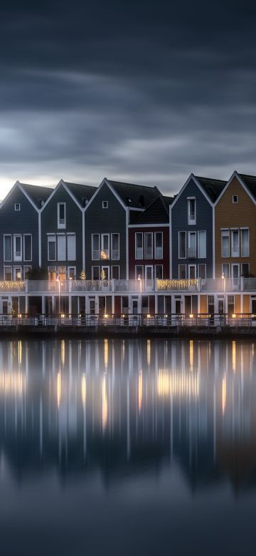 Rainbow houses, Netherlands, Colorful, Lakeside, Evening sky, Reflection, 5K, 8K, Scenic, Wooden House, Aesthetic, Dark clouds