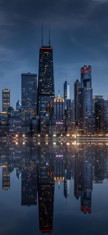 Chicago City, Skyline, Cityscape, Illinois, USA, United States of America, Urban, Skyscrapers, Dusk, Evening sky, Dramatic, Reflections, Lake Michigan, Waterfront, City lights, 5K, 8K