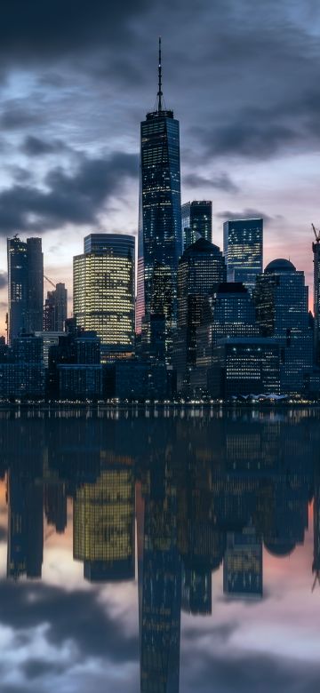 Manhattan Skyline, Hudson River, Cityscape, New York City, Skyscrapers, Urban, Metropolitan, 5K, Reflection, Dusk, Evening sky