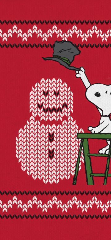 Snoopy, Snowman, Christmas background, Red background, 5K, Peanuts, Happy, Cartoon, Knitted, Illustration, Adorable, Cheerful, Festive season