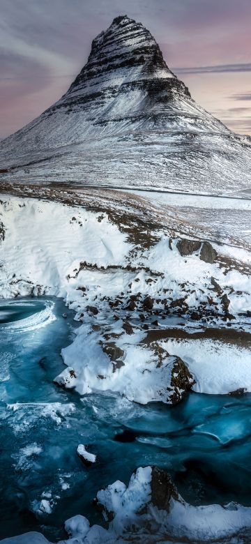 Kirkjufell mountain, Iceland, Waterfall, Winter Mountains, Scenic, Landscape, Twilight, Frozen, Tourist attraction, 5K, 8K, Arctic