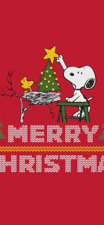 Snoopy, Merry Christmas, Red background, 5K, 8K, Christmas decoration, Woodstock