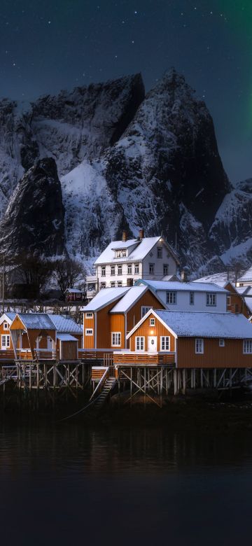 Lofoten Islands, Ultrawide, Norway, Aesthetic, Serene, Aurora Borealis, Northern Lights, Village, 5K, Snow covered, Snow mountains, Panorama