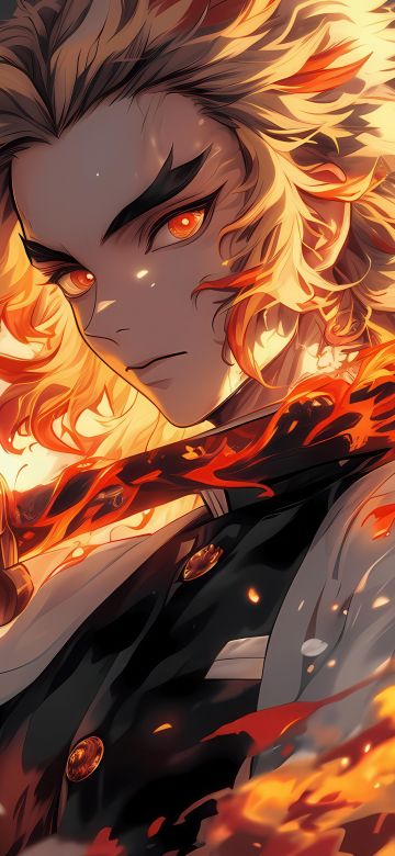 Kyojuro Rengoku, Sword, Fire effect, Demon Slayer: Kimetsu no Yaiba, 5K, Katana