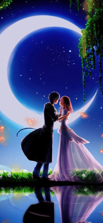 Anime couple, Kiss, Romantic kiss, Crescent Moon, Reflection, Dreamy, Magical, 5K