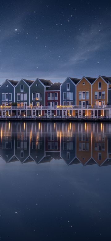 Colorful, Lakeside, House, Rainbow, Stars in sky, Evening sky, Reflection, Netherlands, 5K, Scenic, Wooden House, Aesthetic