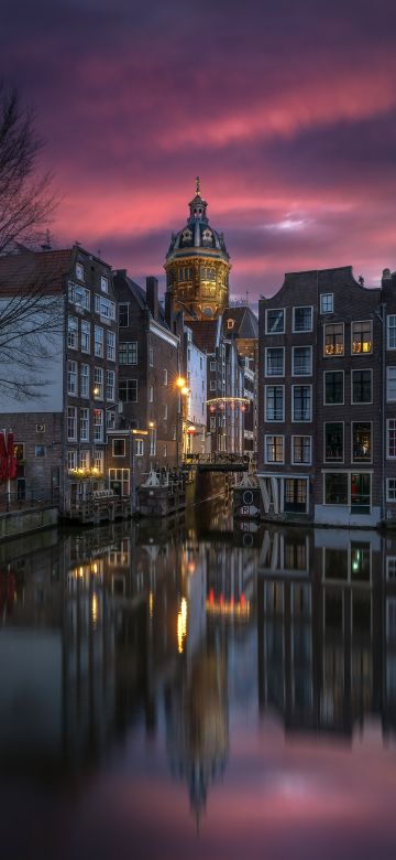 Amsterdam, Aesthetic, Night City, Sunset, Cityscape, Canal, Buildings, Reflection, European, Tourist attraction, Night photography, 5K