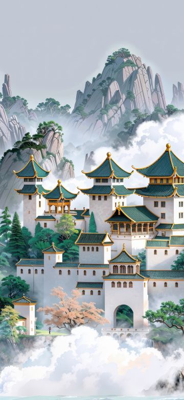 Chinese architecture, Temple, Clouds, Mountains, Asian, Surrealism, Fantasy artwork, Digital Art, AI art, 5K