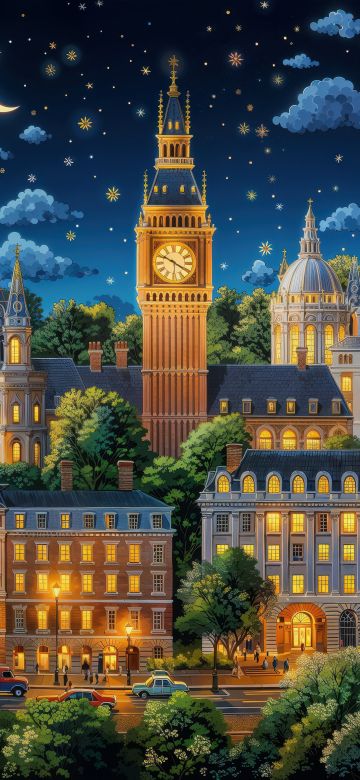 London, Aesthetic, Big Ben, Cityscape, Night City, Night sky, Stars in sky, Crescent Moon, Night illumination, Buildings, 5K, AI art, United Kingdom, England, Europe, Urban, Tourist attraction