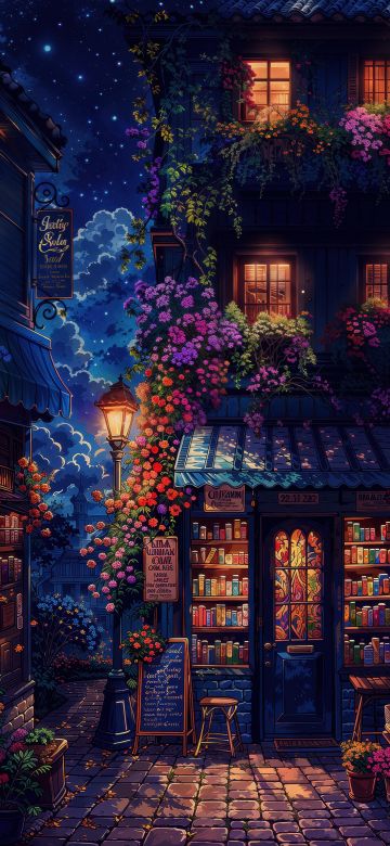 Cozy, Shop, Night illumination, Night sky, Books, Digital Art, Nostalgic, Vintage, AI art