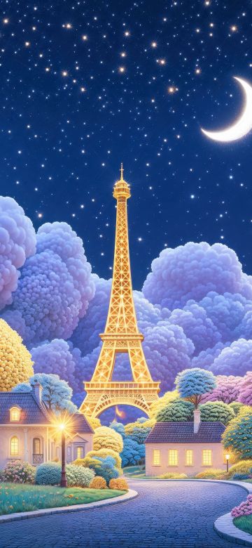 Eiffel Tower, Dreamy, Aesthetic, Night sky, Crescent Moon, Stars in sky, Illuminated, Digital Art, 5K