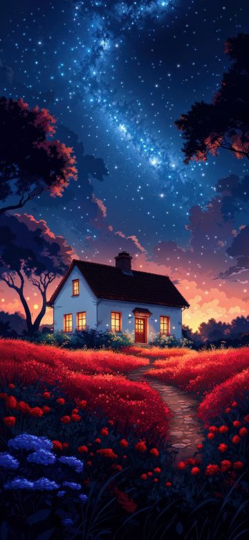 Surreal, Scenery, AI art, Landscape, Night, Milky Way, 5K, House, Aesthetic